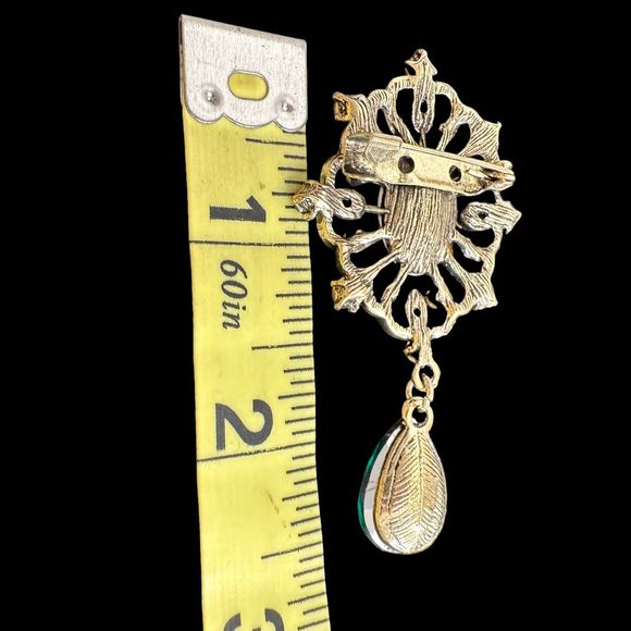 Retro Style Dangle teardrop Brooch Emerald Green Orange Crystal Rhinestones Pin - Picture 4 of 6